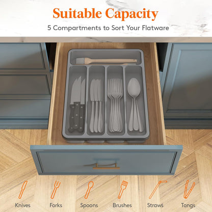 Lifewit Silverware Organizer with Lid, Covered Utensil Tray for Kitchen Drawer and Countertop, Plastic Cutlery and Flatware Storage Box for Spoons Forks Knives Holder Case, 12.6x11.8", Gray