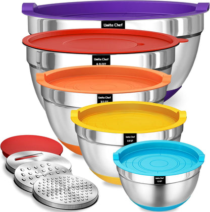 Umite Chef Mixing Bowls with Airtight Lids, 8PCS Stainless Steel Nesting Mixing Bowls Set, 3 Grater Attachments & Non-Slip Bottoms, Black Kitchen Bowls, Size 5, 4, 3.5, 2, 1.5QT for Baking & Serving