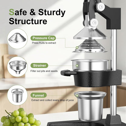 Manual Cast Iron Juicer, Commercial Hand Juicer Squeezer with Stainless Steel Cup Heavy-Duty Manual Juicer Hand Press Countertop Citrus Juice Press for Orange, Lemon, Pomegranate, Grapefruit
