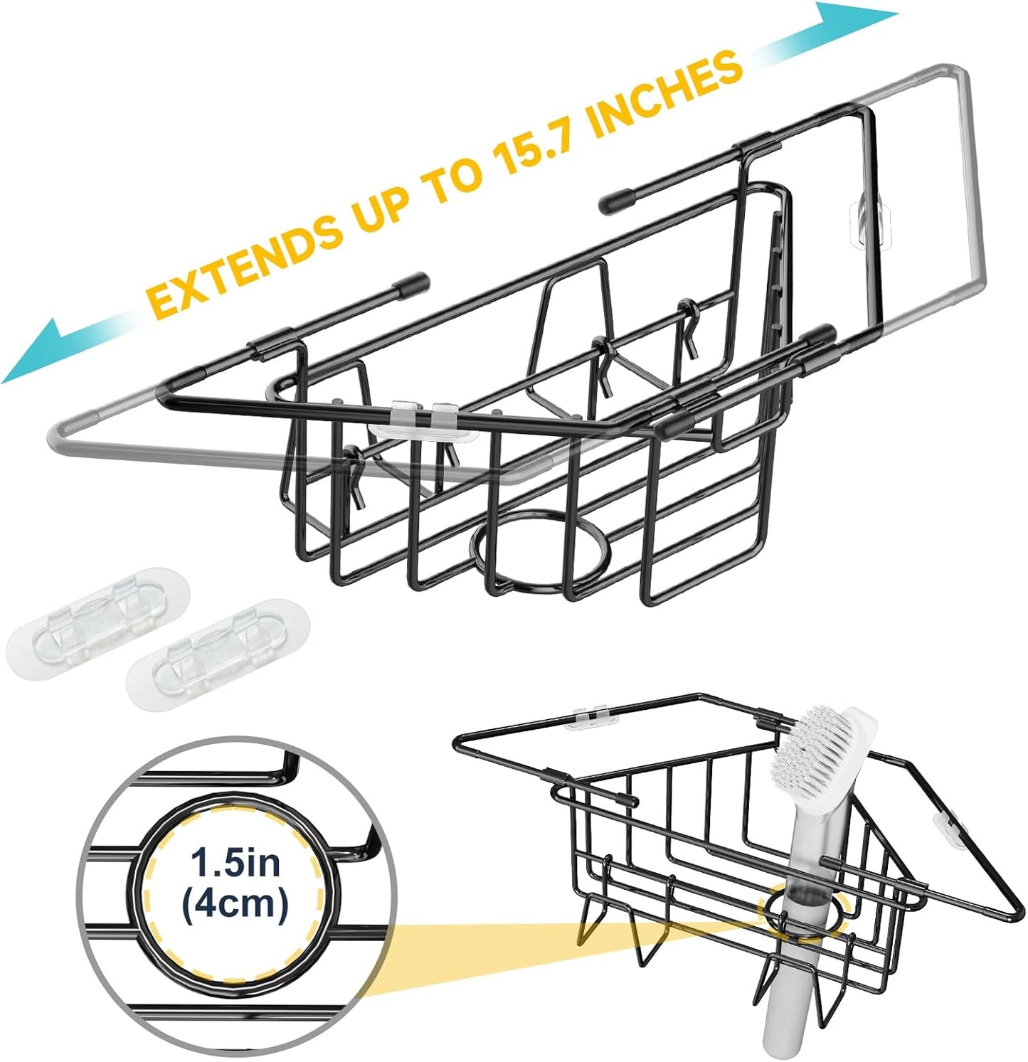 NiHome Extendable Arm Stainless Steel Kitchen Sink Corner Caddy, Easy Install Space-Saving Adjustable Sponge Holder, Non-Slip Rust-Resistant for Brushes, Soap, Sponges (Silver)