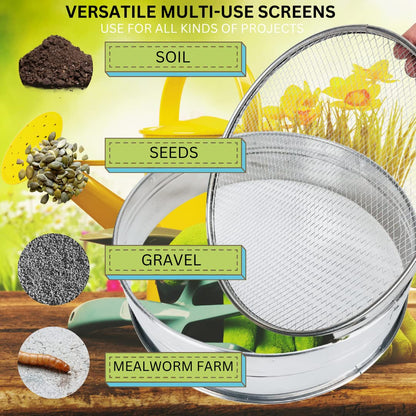 HOMEGARDEN 8" Soil Sieves Set | 5 Pc Set Includes 1 Stainless Steel Frame + 4 Sieve Screens | Screen Sizes 0.5mm, 1mm, 2mm, 3mm | Great for Sifting Rocks, Seeds, Dirt, Compost and Potting Soil