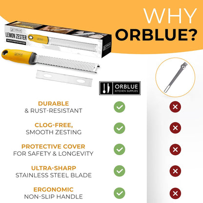 Orblue Lemon Zester & Cheese Grater - Premium Citrus Zester, Kitchen Grater for Parmesan, Chocolate, Fruits, Vegetables, Ginger, Garlic, Nutmeg - Stainless Steel Blades with Protective Cover, Black