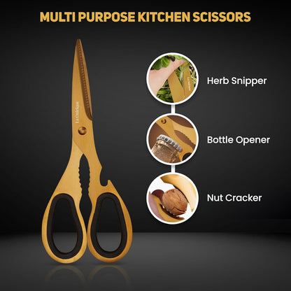 Luxury Gold Kitchen Accessories Set – Super Sharp Pizza Cutter Wheel, Garlic Press Rocker, Y Peeler, Serrated Pie & Cake Server – Premium Titanium-Coated Stainless Steel Flatware