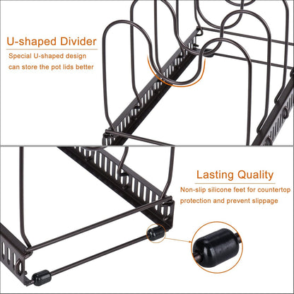 Toplife Pot Lids Organizer Rack for Cabinet and Countertop, 7+ Pan Lids and Bakeware Organizer Rack Holder with 7 Adjustable Compartments - Brown