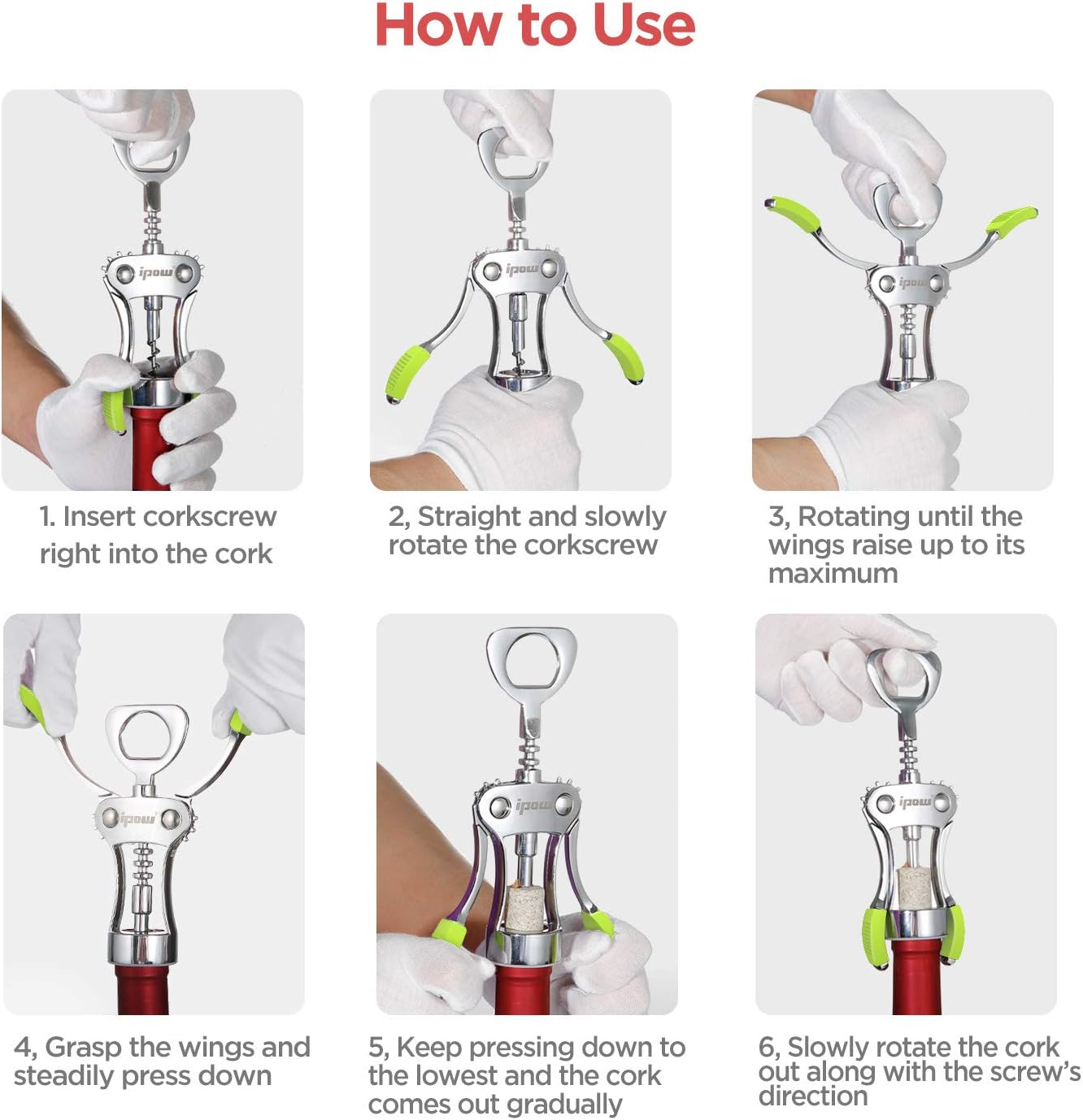 IPOW Wine Opener, Zinc Alloy Wine Bottle Opener, Wing Corkscrew Heavy Duty, Manual Multifunctional Cork Screw for Waiter, Silver