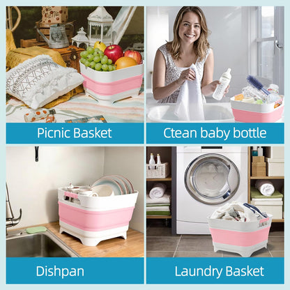 2.6 Gal/10L Collapsible Wash Basin with Drain Plug, Portable Foldable Dish Tub, Large Capacity Space-Saving Sink for Baby Bottles, RV, Camping, Kitchen, Travel & Outdoor Use