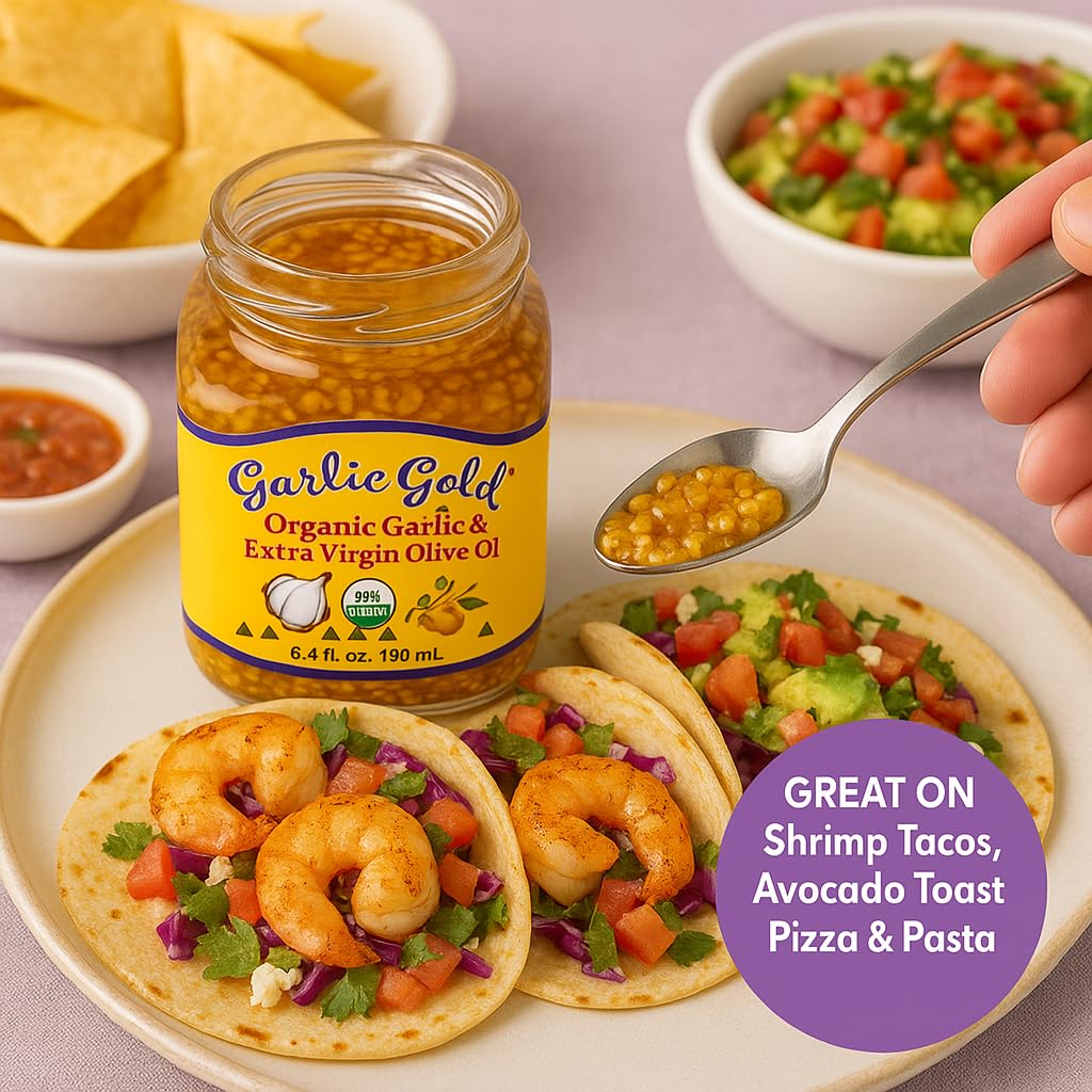Garlic Gold Toasted Granules in Extra Virgin Olive Oil, USDA Organic Certified Minced Garlic, Sodium Free, Non GMO & Vegan, Keto & Paleo Friendly (6.4 Oz, 2 Pack)