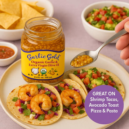 Garlic Gold Toasted Granules in Extra Virgin Olive Oil, USDA Organic Certified Minced Garlic, Sodium Free, Non GMO & Vegan, Keto & Paleo Friendly (6.4 Oz, 2 Pack)