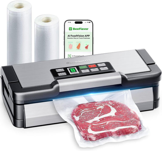 95kPa Vacuum Sealer Machine with AquaLock Technology, for Moist Seals, 2X Seal & 130W, Fully Automatic Food Sealer, Built-In Cutter, Bag Storage & Hose, Precision Sealing, 2 Bag Rolls,Stainless Steel
