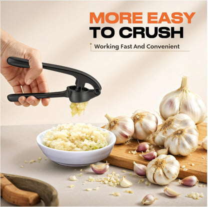 Kitchen Garlic Press, Rust Proof & Dishwasher Safe Garlic Mincer, Durable Garlic Crusher Set with Peeler＆Brush, Easy to Clean and Squeeze, Matte