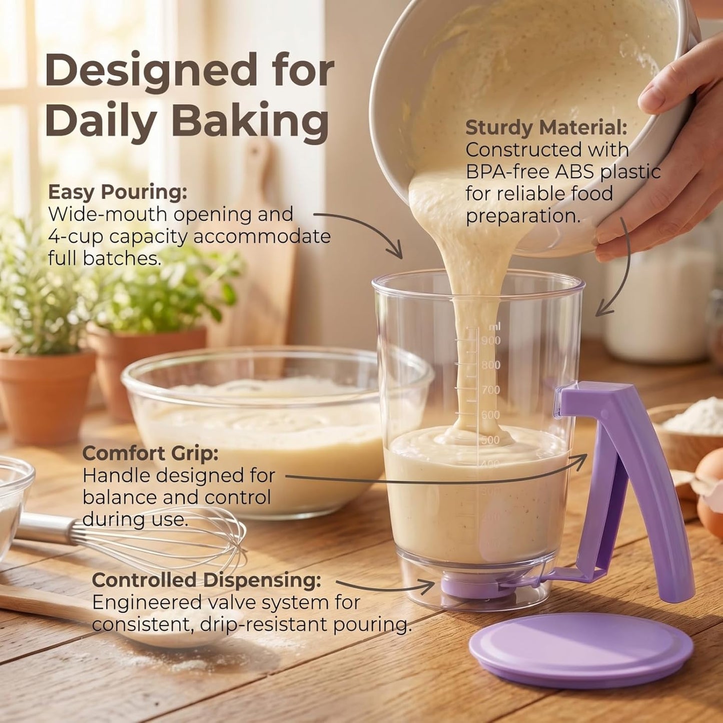 2 Sets of Batter Dispenser with Squeeze Handle – Evenly Dispense Batter for Pancakes, Waffles, Cupcakes, Muffins & Crepes – Pancake Batter Dispenser Bottle with Measurement Scale for Breakfast