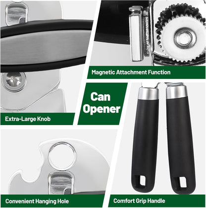 Can Opener Multifunction Manual Can Opener Features Black Stainless Steel Construction Open Can Beer Bottle with Magnetic Function for Daily Kitchen Use Seniors and Arthritis Hands