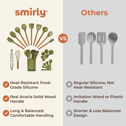 SMIRLY Kitchen Utensils Set – 22-Piece Silicone Cooking Utensils Set, Spatula Set with Holder, Wooden Handle Silicone Kitchen Gadgets for Nonstick Cookware