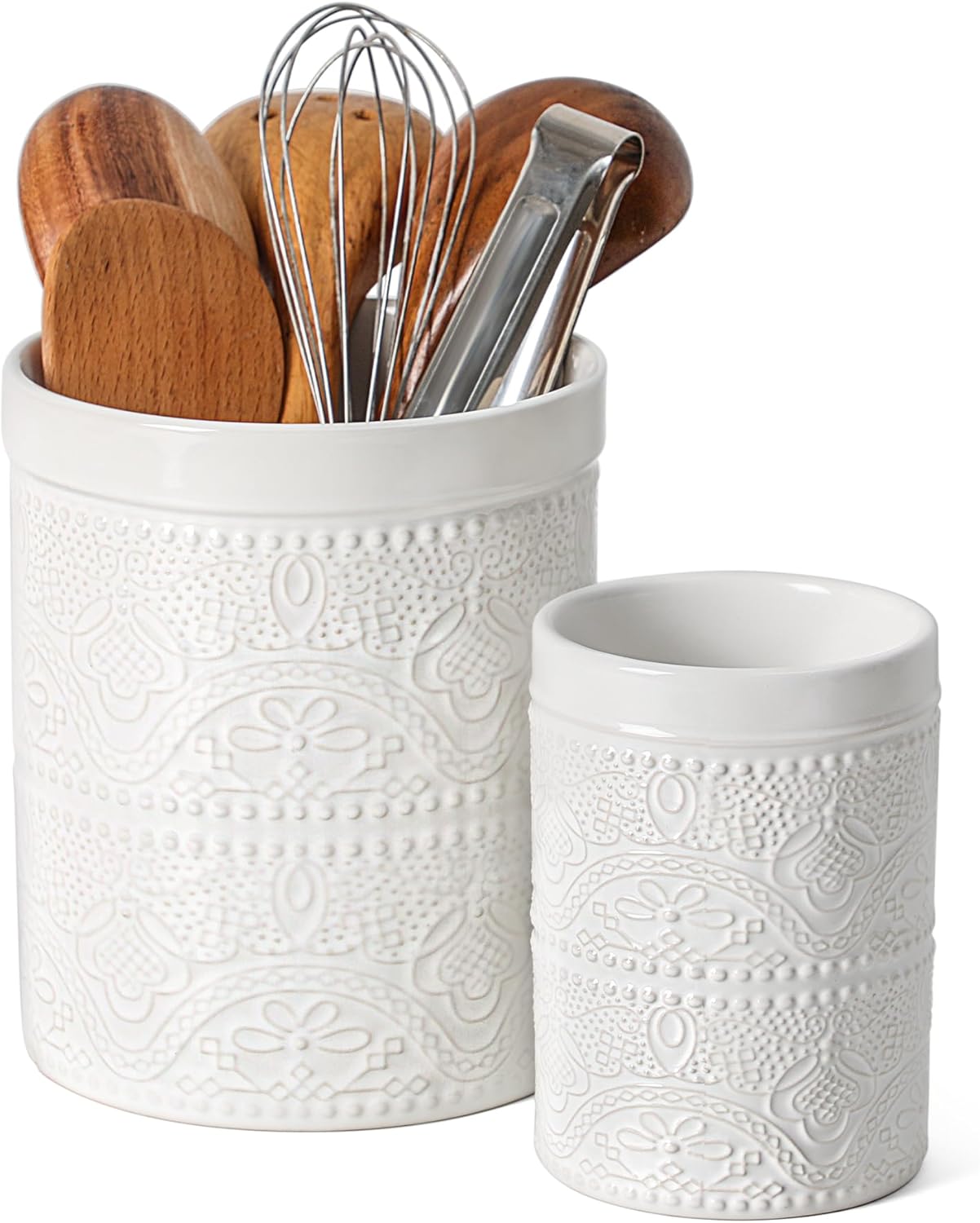FUN ELEMENTS Kitchen Utensil Holder, 7.2" Super Large Utensil Crock Heavy and Stable Lace Emboss Ceramic Utensil Holder for Kitchen Counter (Bright White)