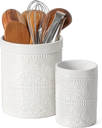 FUN ELEMENTS Kitchen Utensil Holder, 7.2" Super Large Utensil Crock Heavy and Stable Lace Emboss Ceramic Utensil Holder for Kitchen Counter (Bright White)