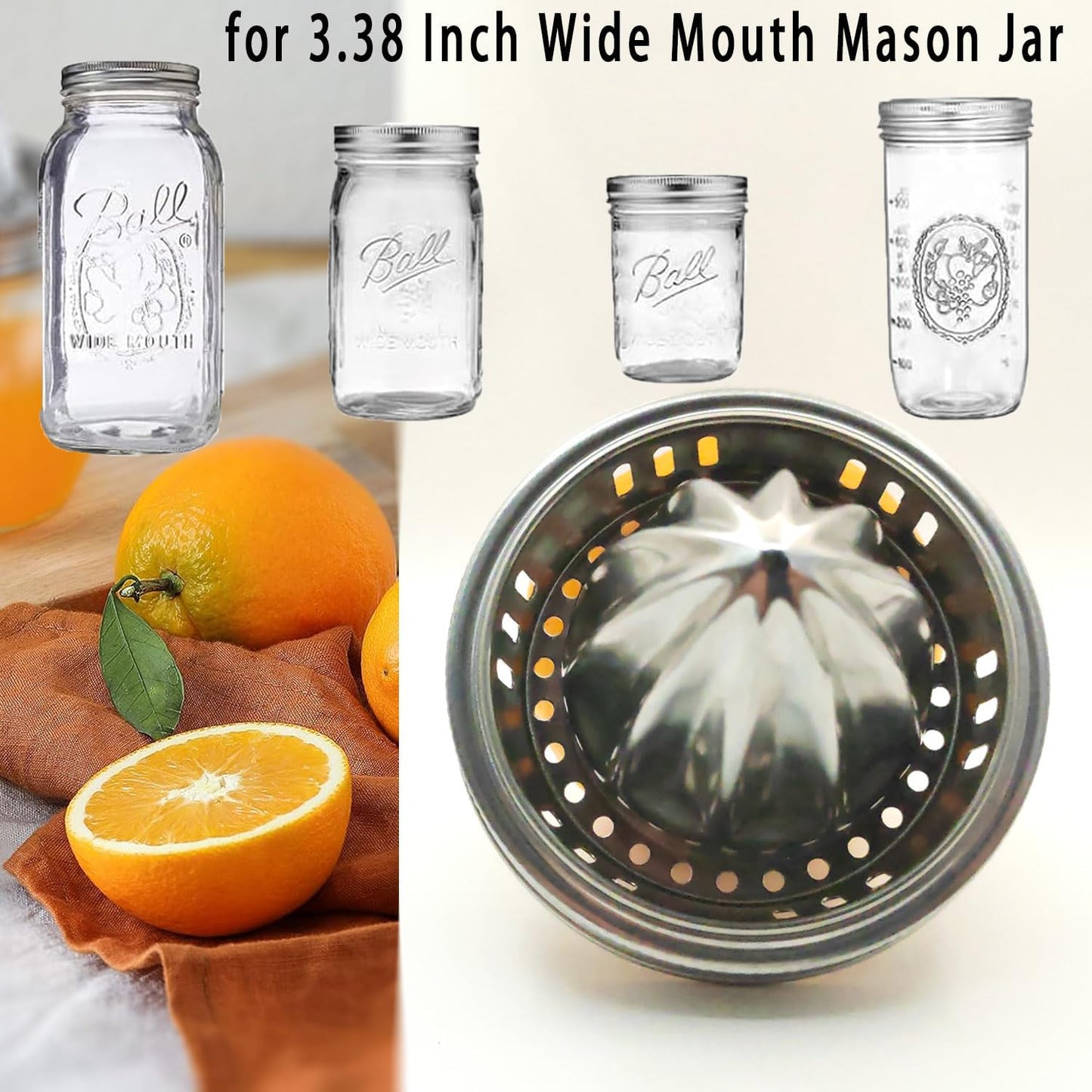 2Pcs Stainless Steel Mason Jar Juicer Lid for 3.38 Inch Wide Mouth Mason Jar, Hand Squeezer Top for Citrus Lemon Orange Manual Citrus Juicer