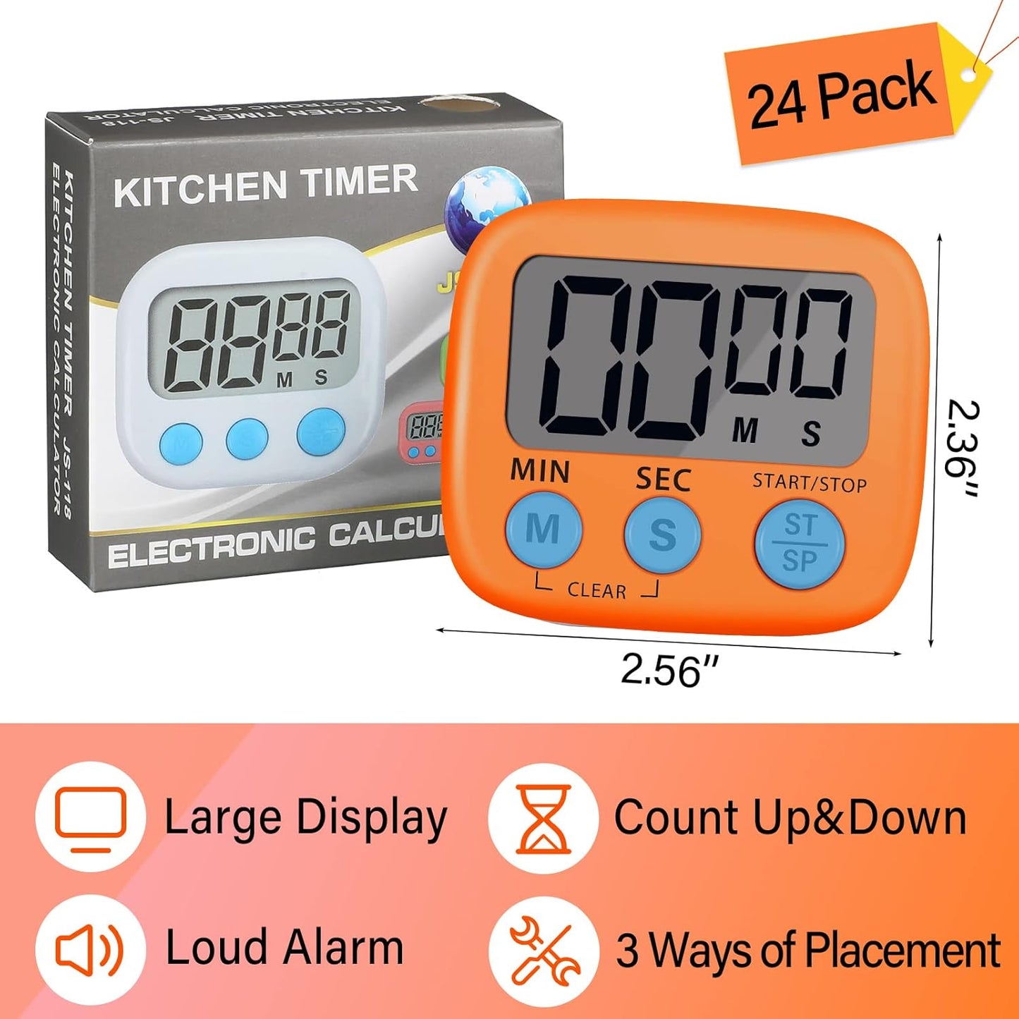 Weewooday 24 Pcs Digital Kitchen Timer Magnetic Timer Bulk On/Off Switch Minute Second Count up Countdown Loud Alarm for Exercise Cook Baking (Black,White)