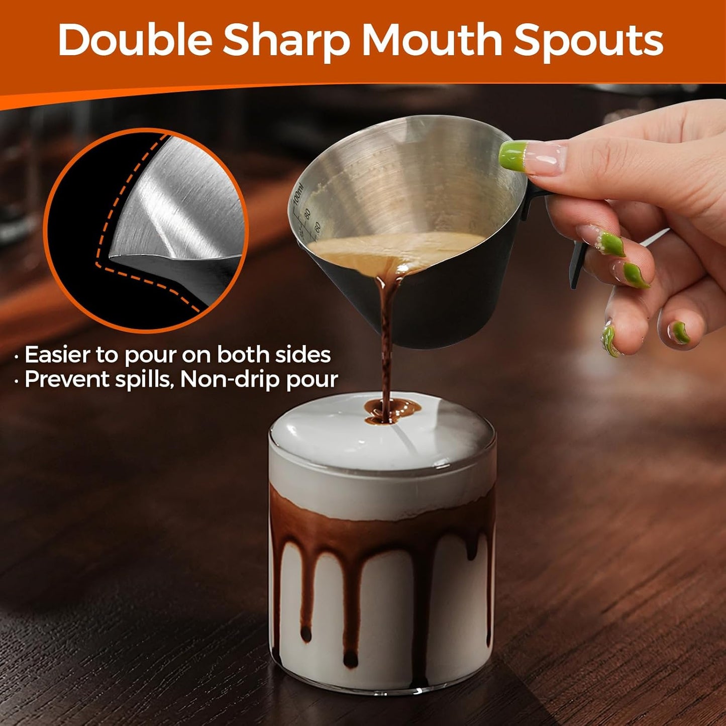 YARRAMATE 2 Pcs Espresso Cups with Handle, Stainless Steel Espresso Accessories, Double Spout Metal Measuring Cup with Dual Scale, Espresso Shot cup with V-Shaped Mouth, 3.4OZ/100ML(Silver)