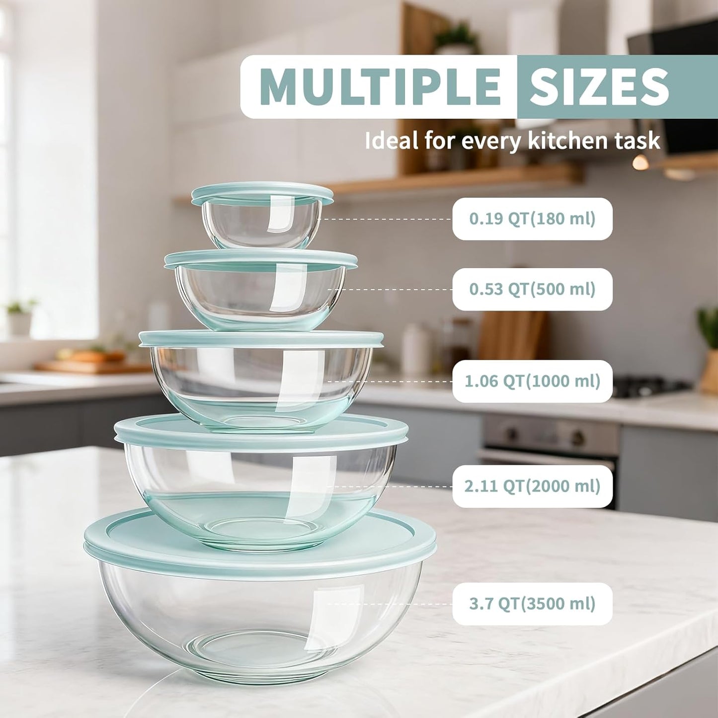 Luvan Glass Mixing Bowls with Lids Set(4.5QT, 2.7QT, 1.1QT)-Large Glass Mixing Bowls, Clear Salad Bowl for Baking, Cooking, Serving, Food Prep, 3PC Nesting Bowls for Kitchen Storage & Dishwasher Safe