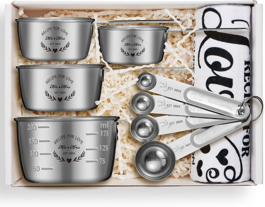 Wedding Gifts for Couples 2026, Bridal Shower Gifts for Bride to Be, Engagement Gift for Newlyweds, Bride Gift, Mr and Mrs Measuring Cups and Spoons Set with Dish Towel