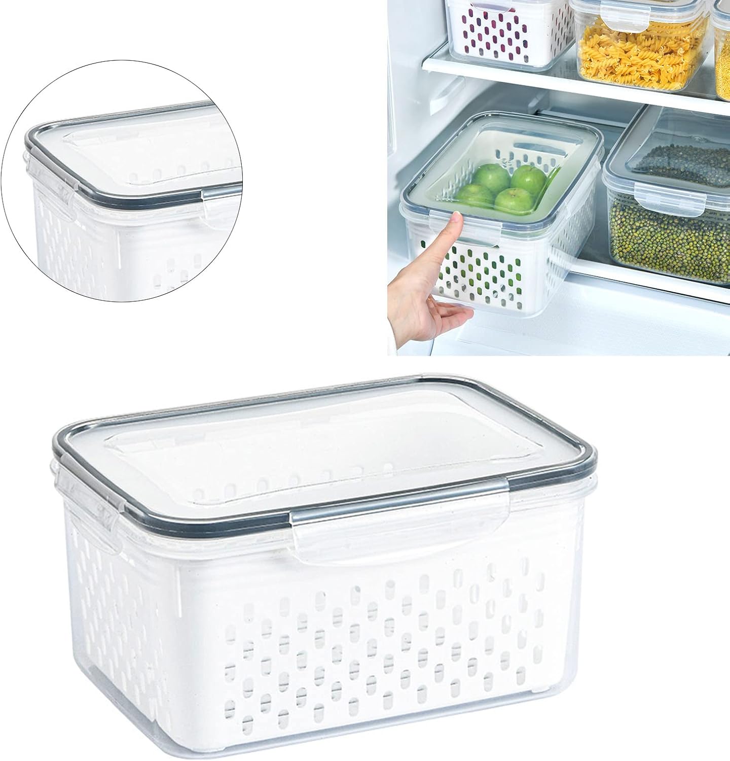Drain Storage Basket, Fruit Storage Containers for Fridge with Removable Colander and Lid Produce Containers Keep Fruits Vegetables Meat Freshness (1750ML)