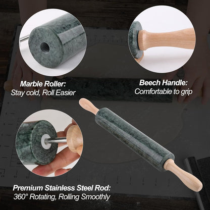 Koville African Natural Marble Rolling Pin, Non-Stick Polished Dough Roller, Pasta, Dumpling, Fondant, Pie Crust, Bread, Pizza Dough, Kitchen Baking Pastry Tools with Mat/Scraper（Namib Fantasy）