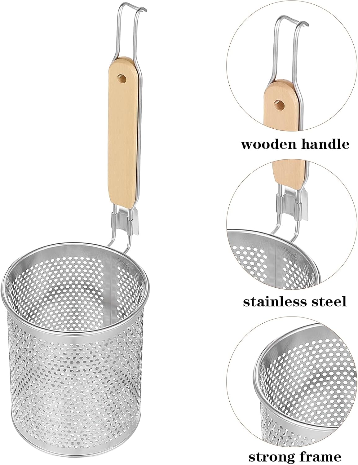 2 Pcs Pasta Strainer Basket, 5"x4.5" Stainless Steel Noodle Strainer with Wood Handle Kitchen Mesh Spider Strainers for Straining Pasta Noodles Dumpling