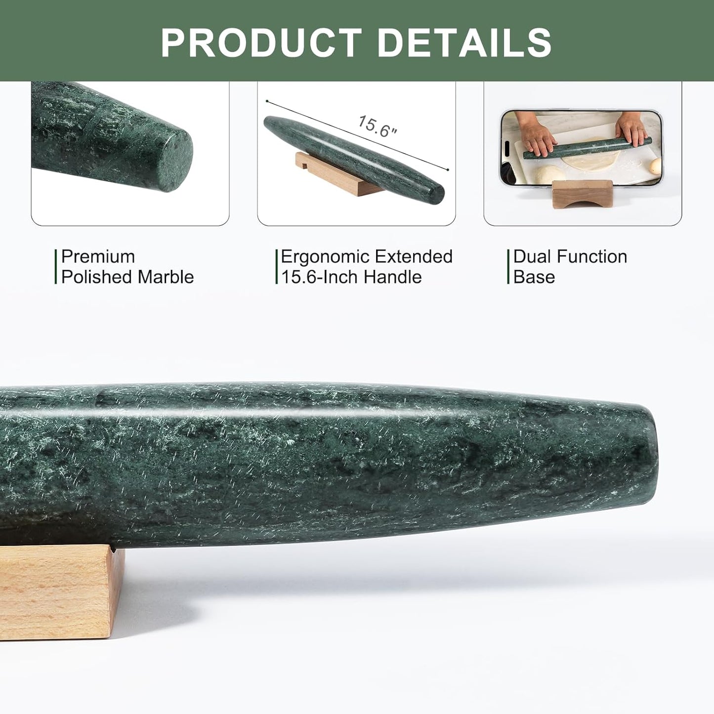 Marble French Rolling Pin for Baking, 12 Inch Non Stick Polished Rolling Pin for Dough, Heavy Dough Roller for Fondant Pizza Pie Crust Cookie Pastry Bread, Kitchen Baking (Indian Green)