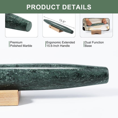 Marble French Rolling Pin for Baking, 12 Inch Non Stick Polished Rolling Pin for Dough, Heavy Dough Roller for Fondant Pizza Pie Crust Cookie Pastry Bread, Kitchen Baking (Indian Green)