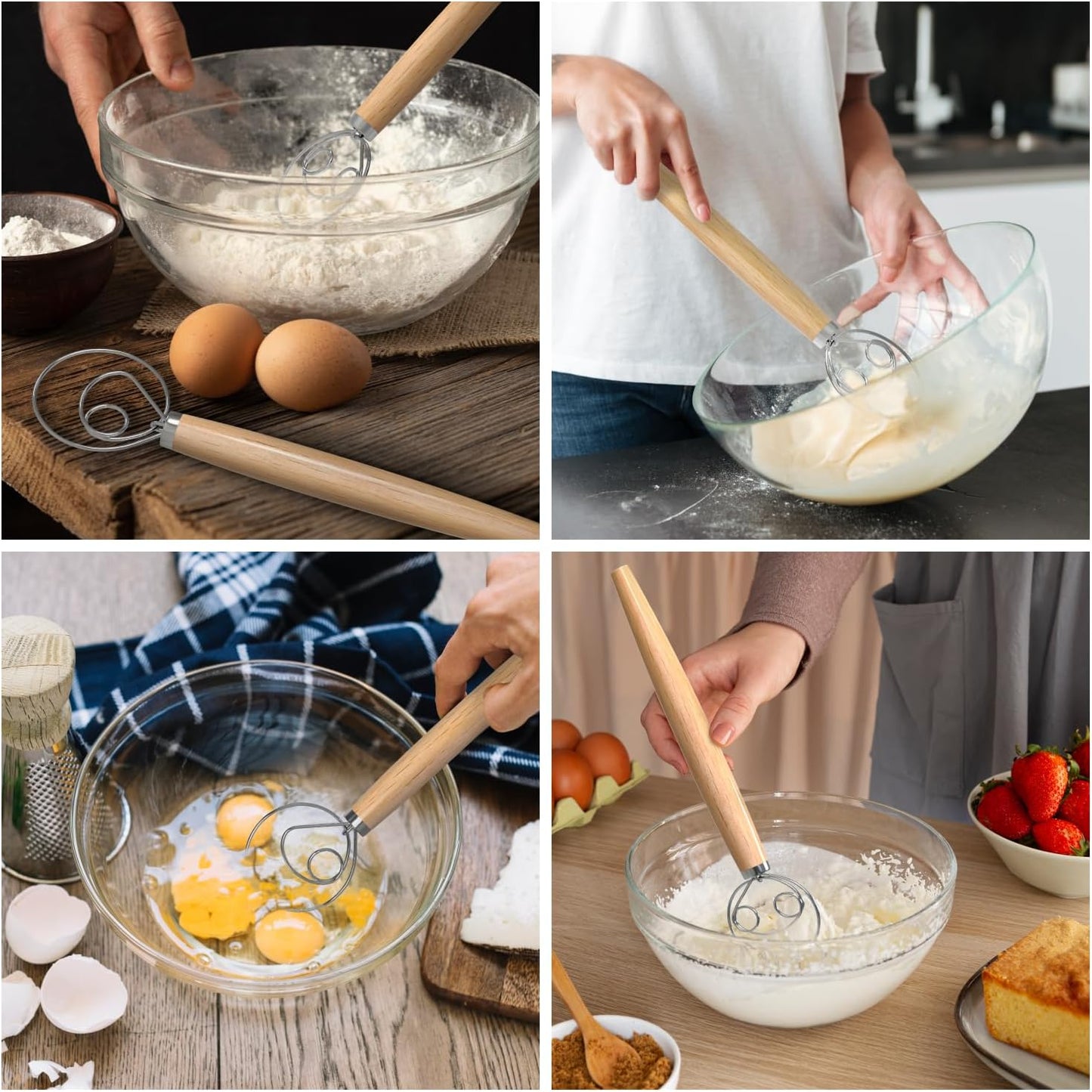 O'Creme Danish Dough Whisk Set of 2 Two Eyes Stainless Steel Bread Mixer with Wooden Handle - Sourdough Whisk for Baking Dough, Pizza, Pastries - Food-Grade, Dishwasher Safe
