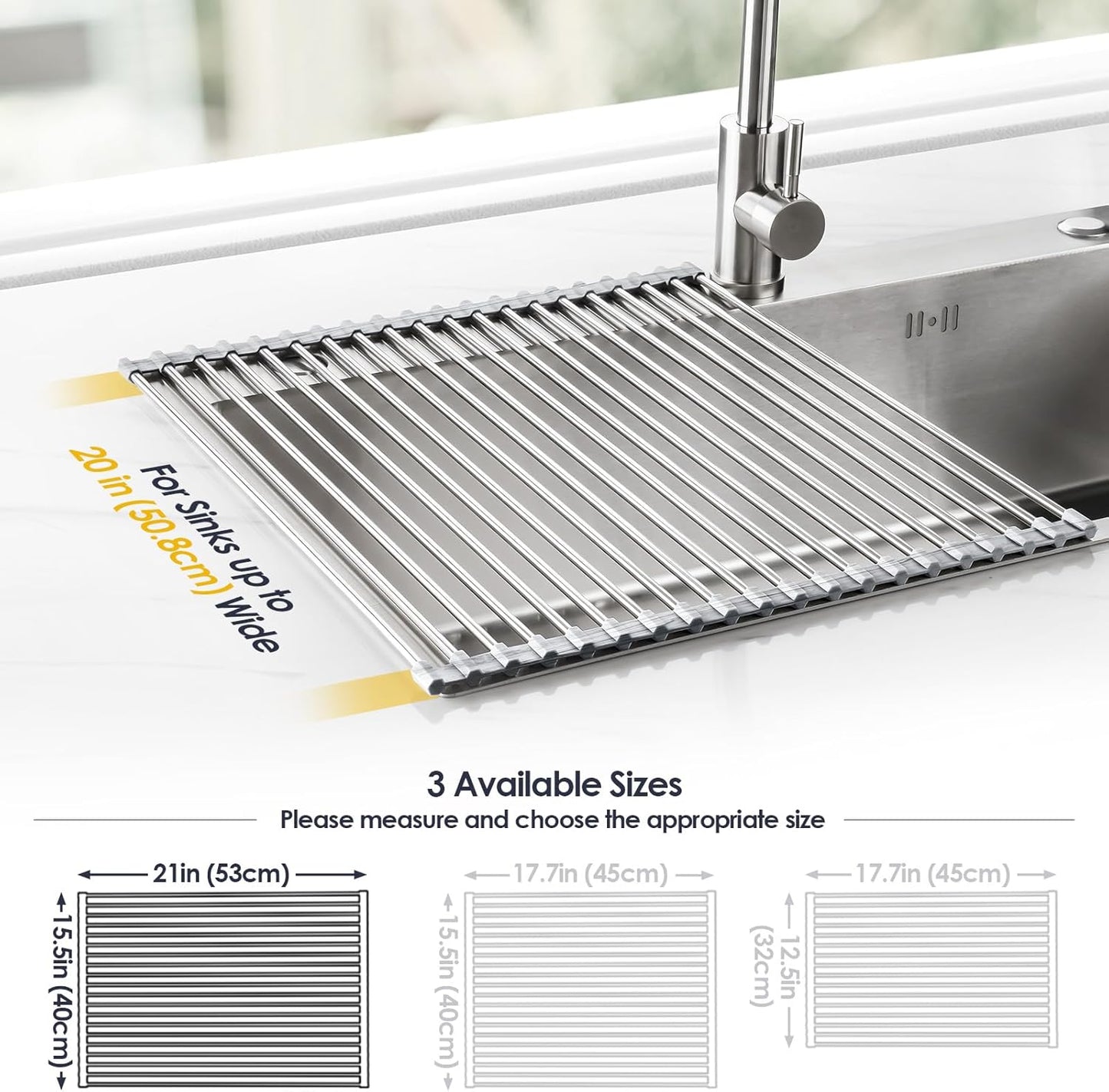 Tomorotec 17.7" x 15.5" Roll Up Dish Drying Rack Over Sink Drying Rack Sink Cover Kitchen Sink Accessories Gadget Multipurpose Organizer Foldable Stainless Steel Drainer