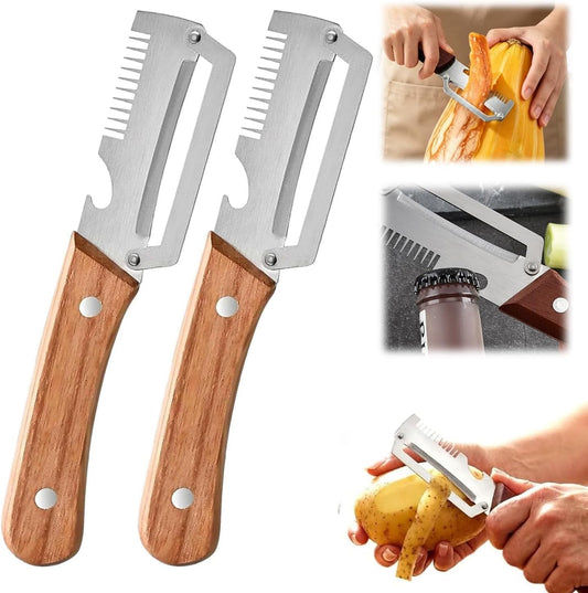 2PCS Multifunctional Vegetable Peeler, 3-in-1 Stainless Steel Vegetable Peeler with Wooden Handle and Bottle Opener, Kitchen Gadgets for Fruit Veggie Potato Pumpkin Apple Carrot