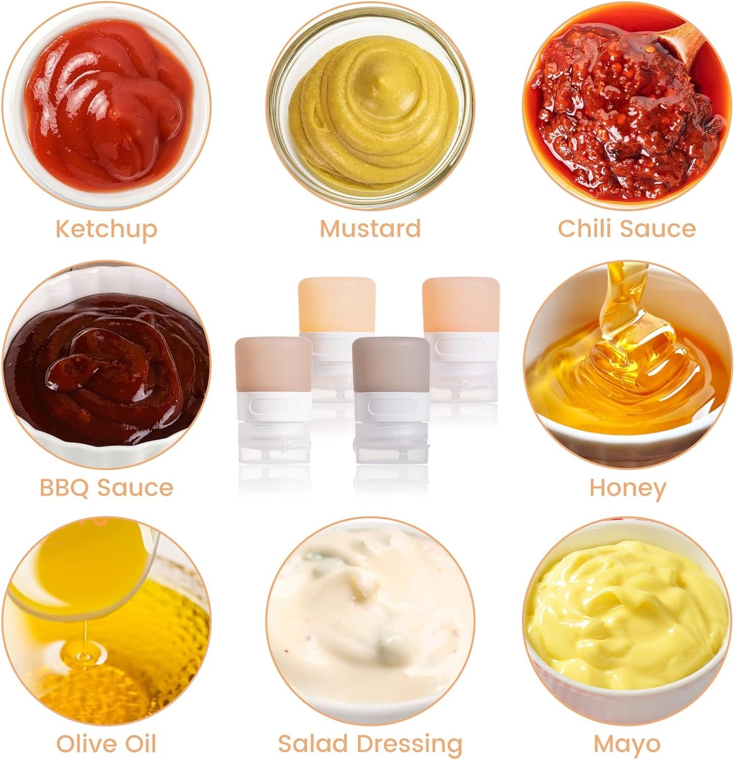 MICEBAY Condiment Squeeze Bottles for Sauces, 2-oz Mini Silicone Salad Dressing Container to Go with Reusable Sandwich Bag, Leakproof Ketchup Bottle for Bento Lunch Box, 4 Pack, Candies