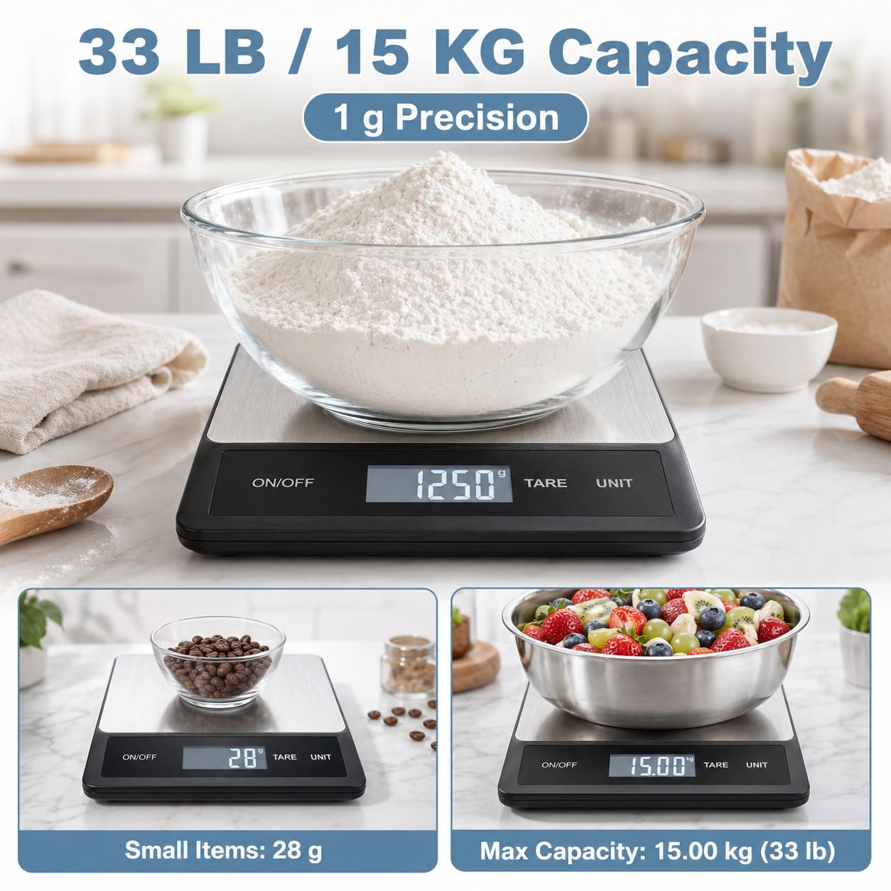 33LB/15KG Digital Kitchen & Food Scale – Waterproof Stainless Steel, USB Rechargeable, 1g Precision, Tare Function for Cooking, Baking, Meal Prep