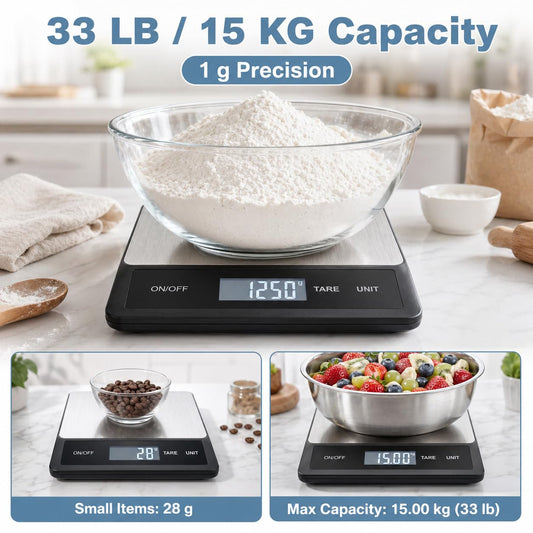 33LB/15KG Digital Kitchen & Food Scale – Waterproof Stainless Steel, USB Rechargeable, 1g Precision, Tare Function for Cooking, Baking, Meal Prep