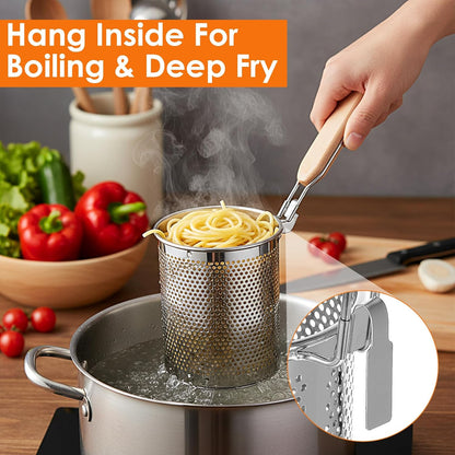 4pcs Pasta Strainer 15'' × 5.5'' Stainless Steel Pasta Basket Mesh Cooker with Wood Handle Kitchen Mesh Spider Noodle Strainer Skimmer for Boiling Food Dumpling Noodle Blanching Basket