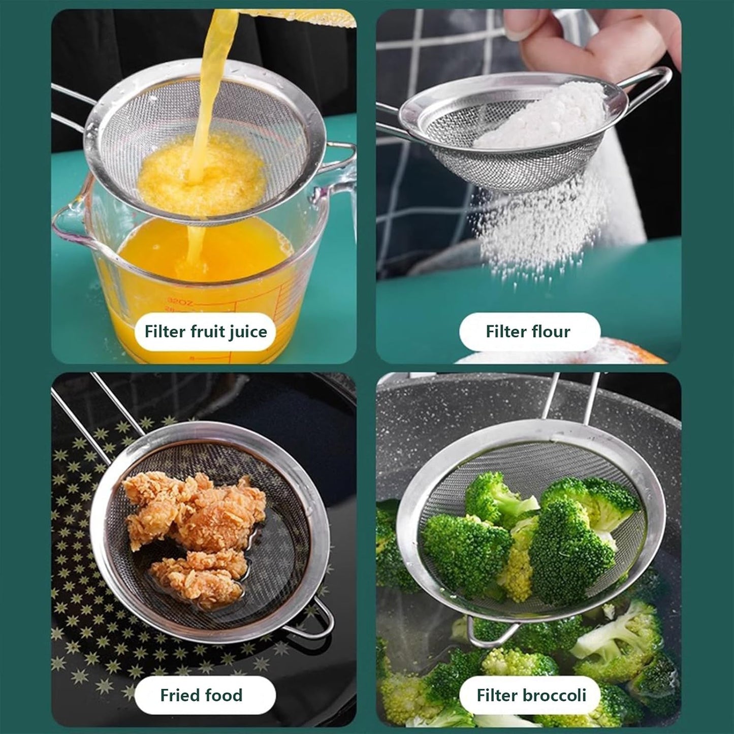 2PCS Fine Mesh Strainers Set Small Stainless Steel Sieves with Handles For Straining Cocktail Flour Powdered Sugar Tea Bar Tool
