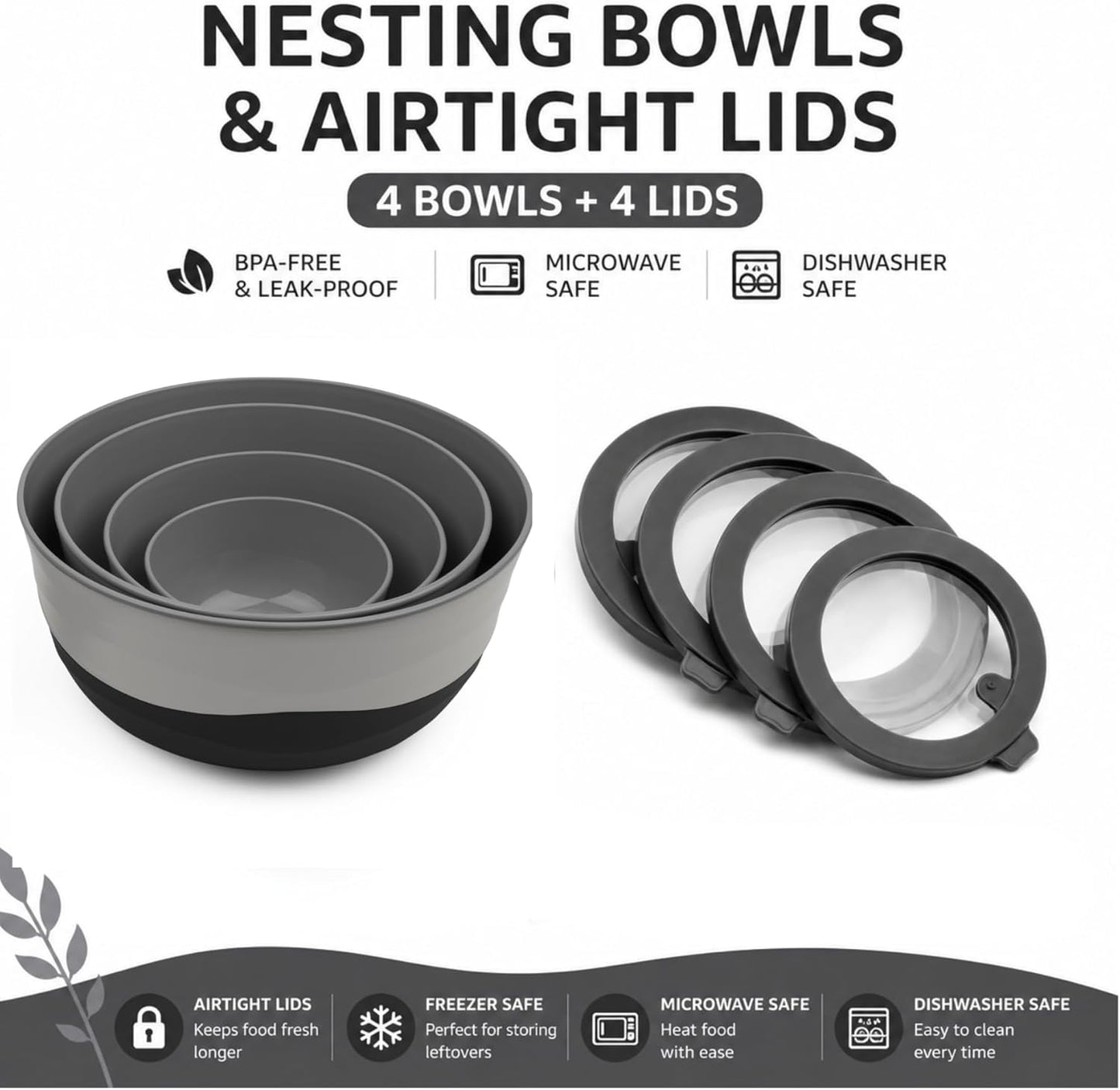 Pera Mixing Bowls with Lids Set, 8 Piece (4 Bowls + 4 Airtight Lids), BPA Free Nesting Kitchen Bowl Set for Mixing & Food Storage, Microwave & Dishwasher Safe (Green)