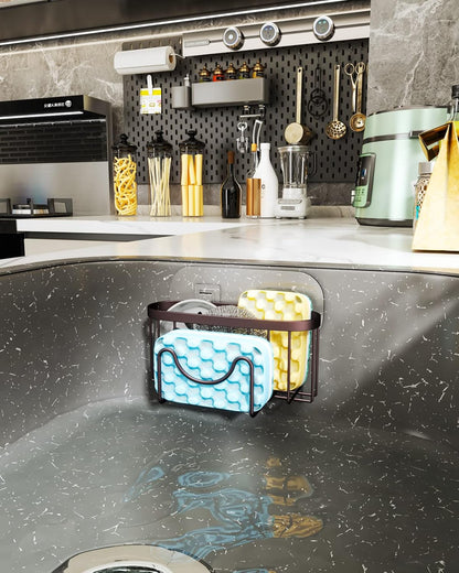 HapiRm Multifunctional Sponge Holder with Unique M-Shaped, 2 Installation Methods Kitchen Sink Caddy Organizer, Rustproof Stainless Steel Kitchen Organizers and Storage Essentials - Black