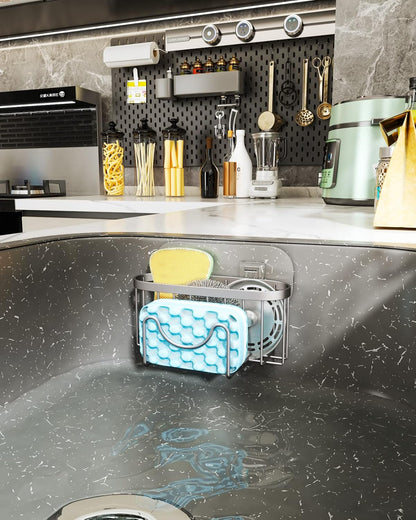 HapiRm Multifunctional Sponge Holder with Unique M-Shaped, 2 Installation Methods Kitchen Sink Caddy Organizer, Rustproof Stainless Steel Kitchen Organizers and Storage Essentials - Black