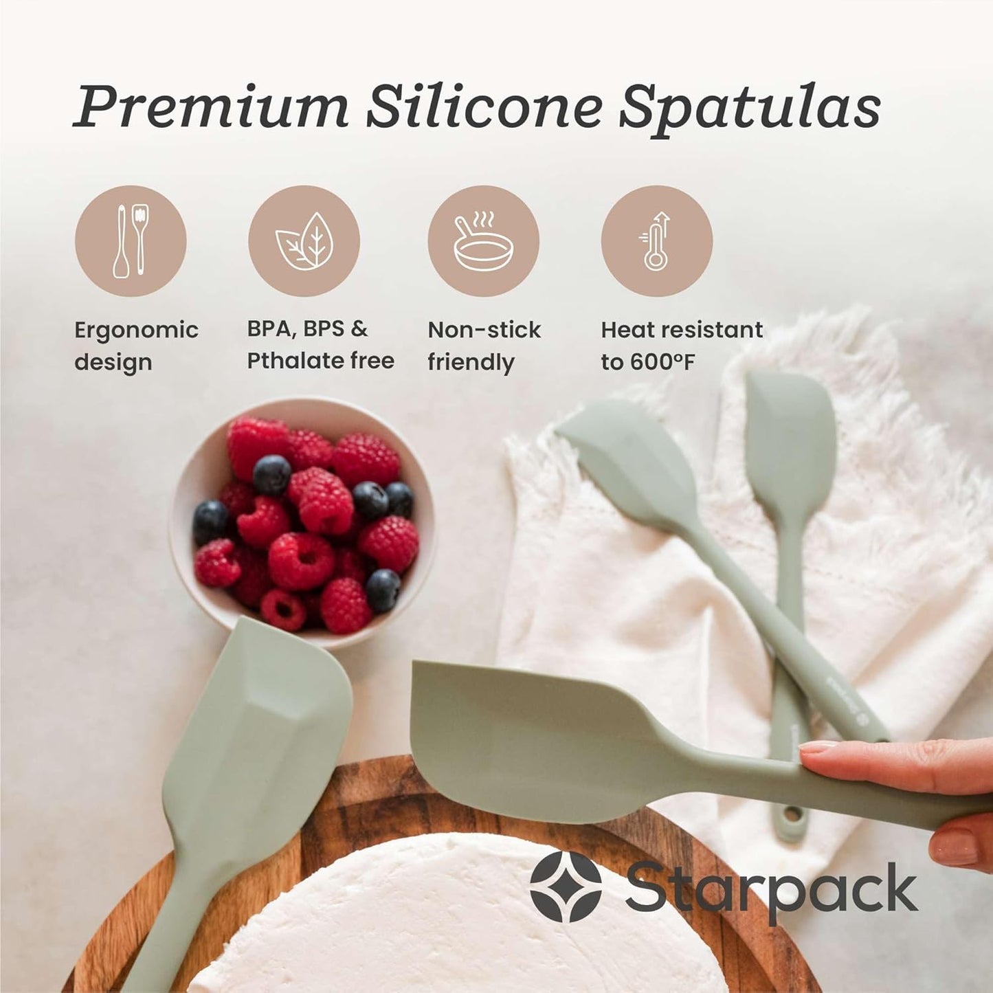 Starpack 'Scrape and Stir' Silicone Rubber Spatula Set (4-Piece) - LFGB Non Toxic, 600°F Heat Resistant, BPA-Free, One-Piece Kitchen Baking Spatulas - Dishwasher Safe for Nonstick Cookware Earthy Pink