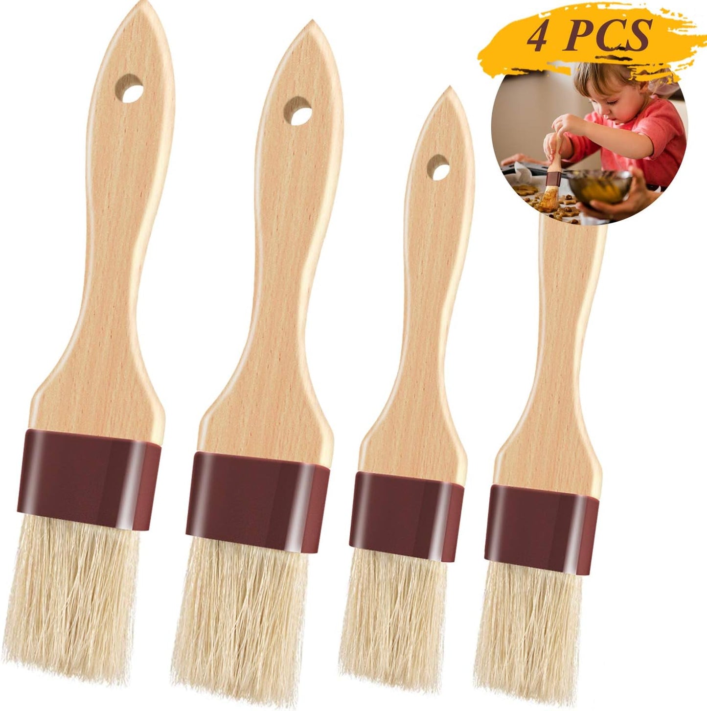 Pastry Brushes for Baking Basting Brush with Boar Bristles and Beech Hardwood Handles Culinary Oil Brush for Barbecue Butter Grill BBQ Sauce Baster Marinade Kitchen Food Cooking Brushes (1"- 2PCS)