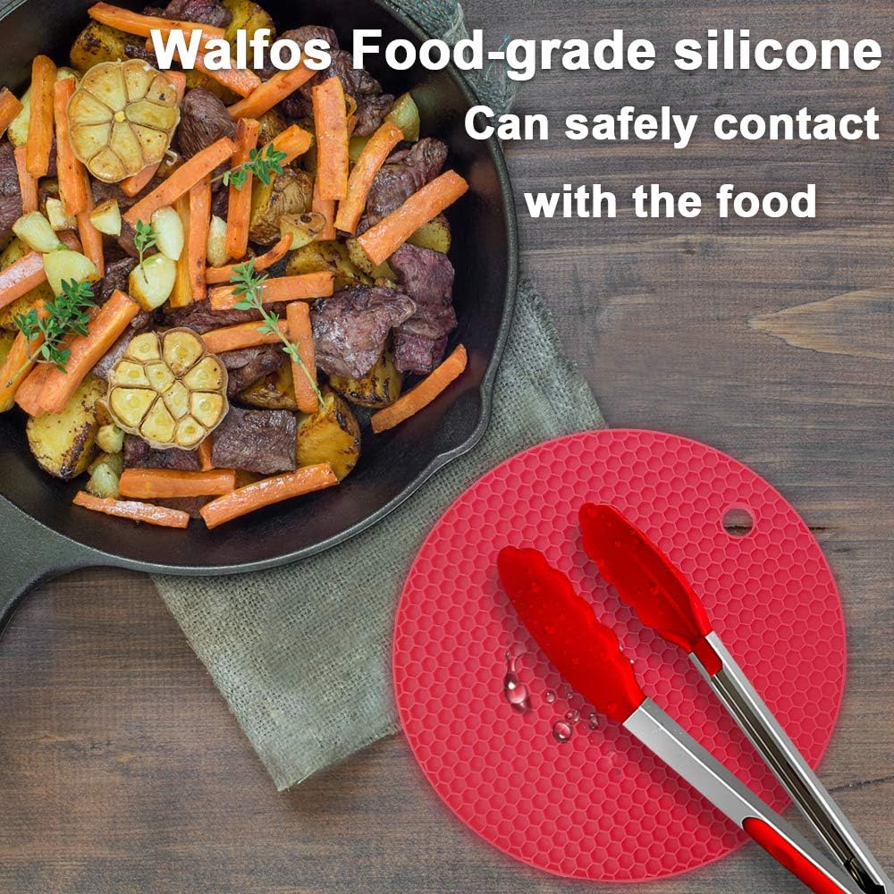Walfos Silicone Trivet Mats - 4 Heat Resistant Pot Holders, Multipurpose Non-Slip Hot Pads for Kitchen Potholders, Hot Dishers, Jar Opener, Spoon Holder, Food Grade Silicone & BPA Free (Black)