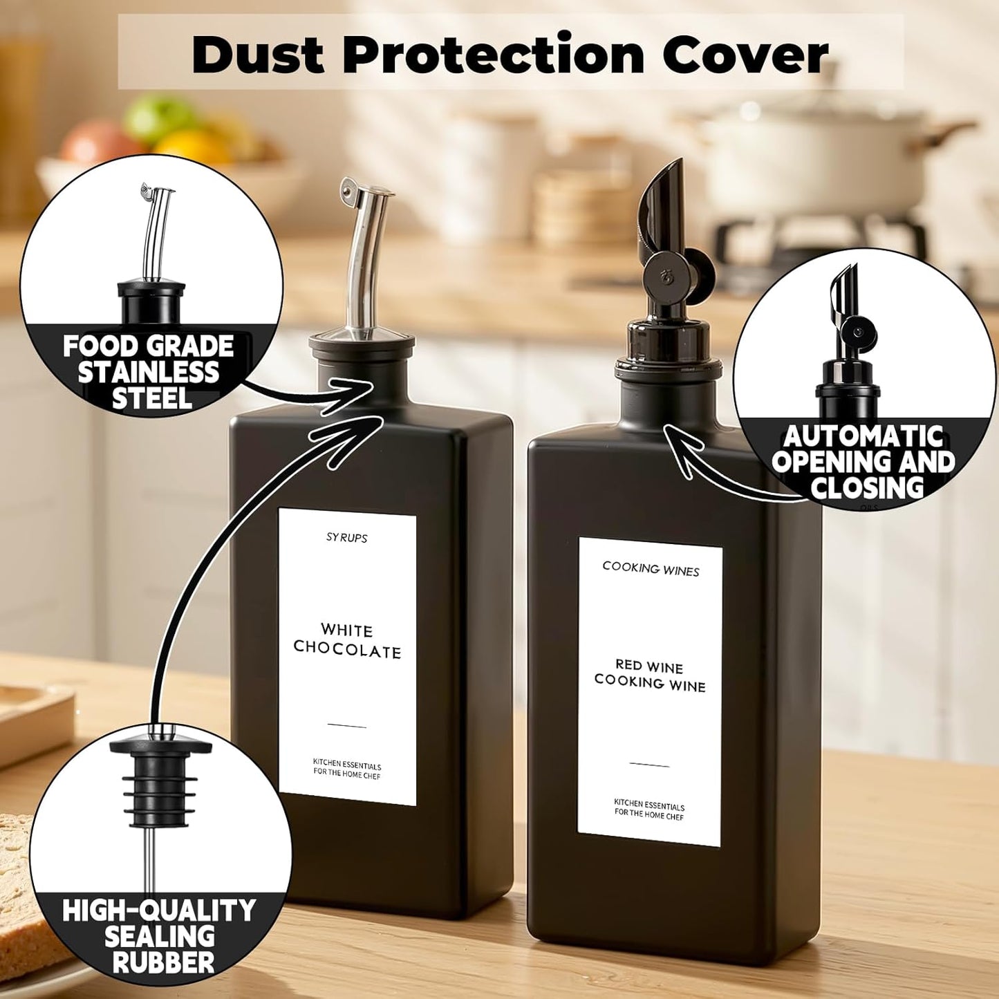 2PCS 16.9oz Olive Oil Dispenser Bottle For Kitchen, Soy Sauce Dispenser, Dark Glass Bottles for Oil and Vinegar Dispenser Set W.2 Replacement Spouts & Labels, Coffee Syrup Dispenser (Black)