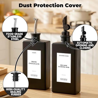 2PCS 16.9oz Olive Oil Dispenser Bottle For Kitchen, Soy Sauce Dispenser, Dark Glass Bottles for Oil and Vinegar Dispenser Set W.2 Replacement Spouts & Labels, Coffee Syrup Dispenser (Black)