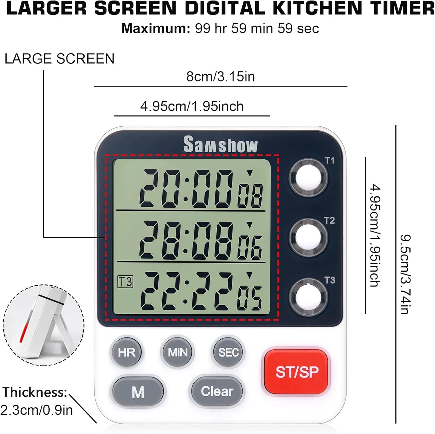 Digital Kitchen Timer Dual Timers 3 Channels Count UP/Down Cooking Timer Large Display, Adjustable Volume Alarm with Magnetic Back, Stand, Battery Included