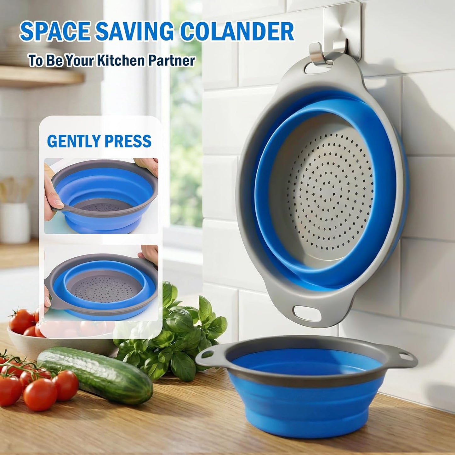 Collapsible Colander Set, Silicone Collapsible Strainers for Kitchen, Perfect for Draining Pasta, Vegetable and Fruit, Food Strainer, Dishwasher Safe (3 Pack)