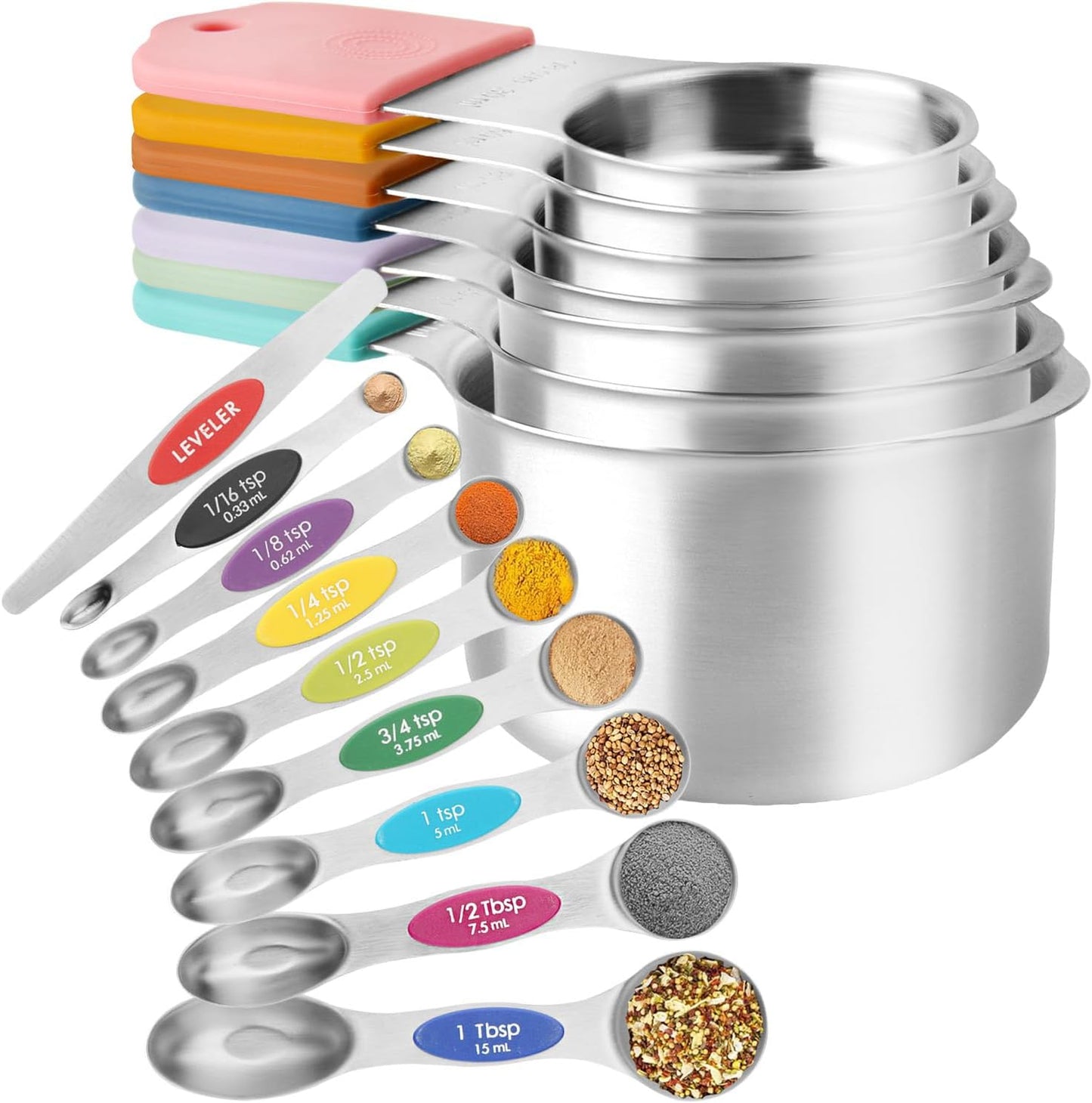 Gold Magnetic Measuring Cups & Spoons Set of 16, 7 Stainless Steel Measuring Cups, 8 Double-Sided Measuring Spoons & 1 Leveler, Premium Finish Baking Tools Kitchen Gadget for Dry & Liquid Ingredients
