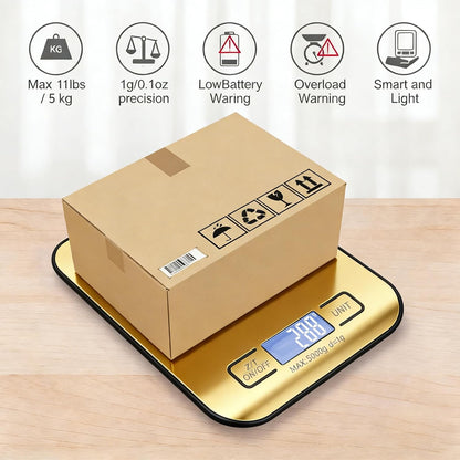 Digital Shipping Scale,Stainless Steel Panel, Accurate Portable Postal Scale for Packages, Small Business,Kitchen, Food, Handmade, Liquids, and Boutique (Rose Gold Battery(5kg/1g))