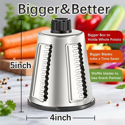 VEKAYA Rotary Cheese Grater Hand Crank with 4 Interchangeable Stainless Steel Blades, Large Manual Handle Shredder and Waffle Slicer for Vegetables, Cheese and Nuts with Table Suction Base(Blue)